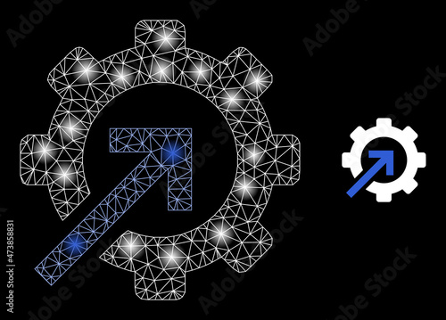 Bright net gear integration web icon with bright light spots. Illuminated model generated from gear integration vector icon. Bright frame web polygonal gear integration, on a black background.