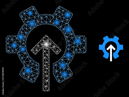 Constellation mesh gear integration web icon with flare spots. Illuminated constellation is generated from gear integration vector icon. Constellation carcass web polygonal gear integration,