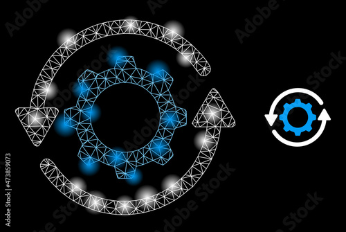 Constellation net gear rotation web icon with illuminated spots. Illuminated constellation is generated from gear rotation vector icon. Glossy carcass web polygonal gear rotation,