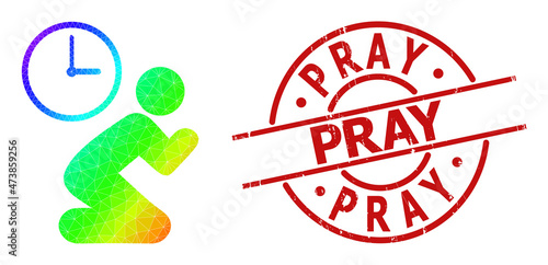 PRAY grunge stamp print, and lowpoly spectrum colored pray time icon with gradient. Red stamp contains Pray text inside circle and lines shape. Triangulated pray time polygonal symbol illustration.