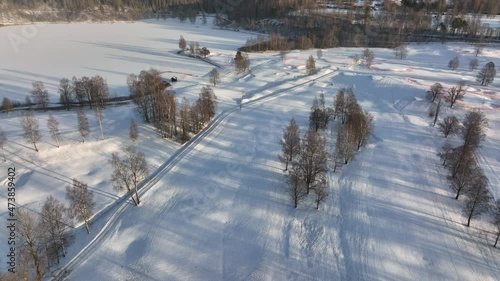 The winter is coming fast. Drone video of the snow covered landscape just outside of Oslo, Norway.  Shot with the new star from DJI Mavic 3