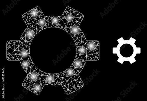 Constellation mesh gear web icon with illuminated light spots. Illuminated model created from gear vector icon. Constellation carcass web polygonal gear, on a black background.