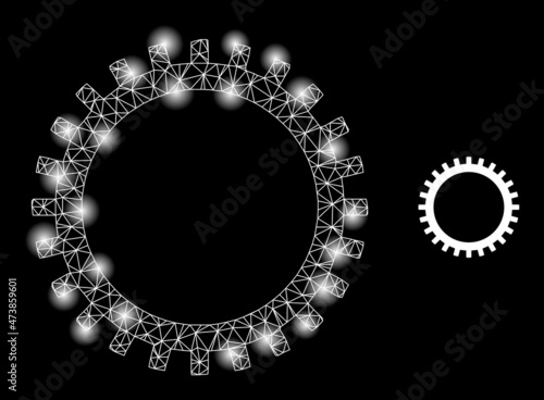 Shiny mesh gear web icon with glowing spots. Illuminated constellation done using gear vector icon. Illuminated frame web polygonal gear, on a black background.