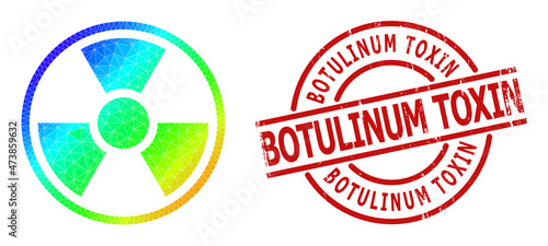 Botulinum Toxin scratched stamp seal and lowpoly spectrum colored radioactive symbol icon with gradient. Red stamp contains Botulinum Toxin title inside circle and lines shape.
