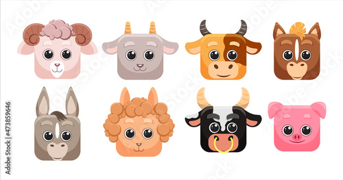 Set of cute square animals, ui. Home farm. Vector zoo stickers in cartoon flat style isolated on white background.