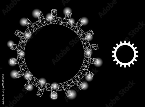 Constellation network gear web icon with flare light spots. Illuminated model done using gear vector icon. Illuminated carcass web polygonal gear, on a black background.