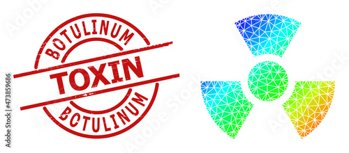 BOTULINUM TOXIN rubber stamp seal, and lowpoly spectrum colored radioactivity icon with gradient. Red stamp seal contains Botulinum Toxin tag inside circle and lines shape.