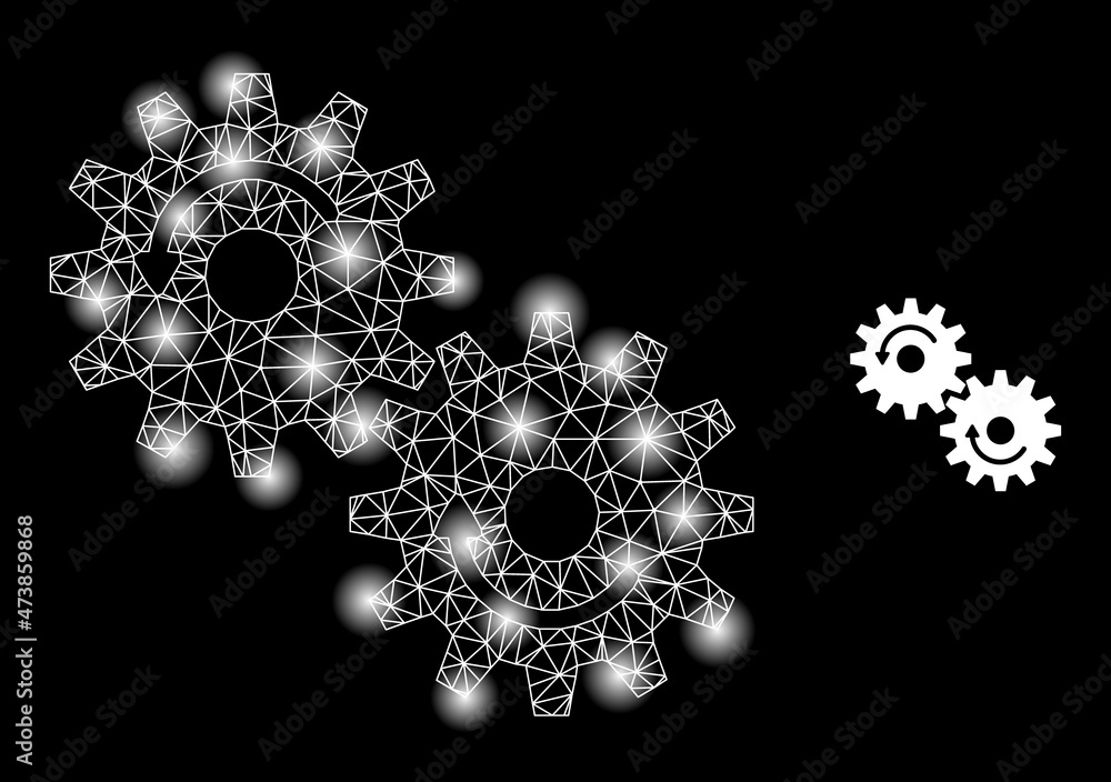 Bright network gears rotation web icon with bright light spots. Illuminated constellation is created using gears rotation vector icon. Constellation frame web polygonal gears rotation, Bright network gears rotation web icon with bright light spots. Illuminated constellation is created using gears rotation vector icon. Constellation frame web polygonal gears rotation,