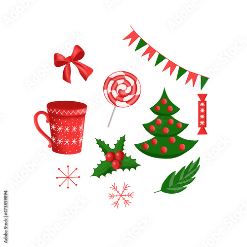 set christmas tree and lollipop and mug and snowflakes and flags and candy