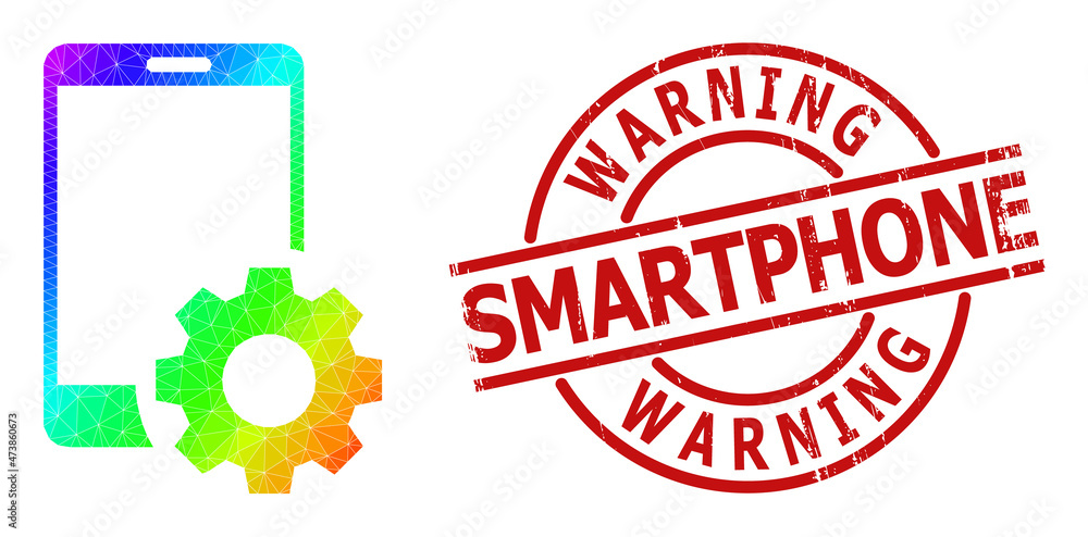 WARNING SMARTPHONE rubber stamp seal, and low-poly spectrum colored smartphone settings icon with gradient. Red stamp seal includes Warning Smartphone caption inside circle and lines shape. WARNING SMARTPHONE rubber stamp seal, and low-poly spectrum colored smartphone settings icon with gradient. Red stamp seal includes Warning Smartphone caption inside circle and lines shape.