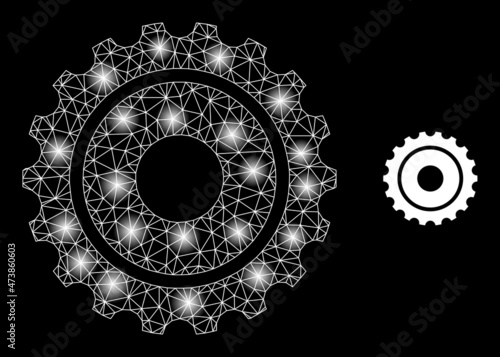 Constellation network gearwheel web icon with bright spots. Illuminated constellation created using gearwheel vector icon. Illuminated carcass web polygonal gearwheel, on a black background.