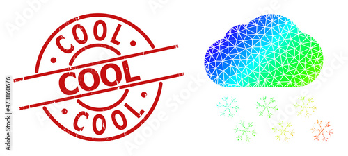 COOL rubber stamp and low-poly spectral colored snow cloud icon with gradient. Red stamp includes Cool caption inside circle and lines template. Triangulated snow cloud polygonal 2d illustration.