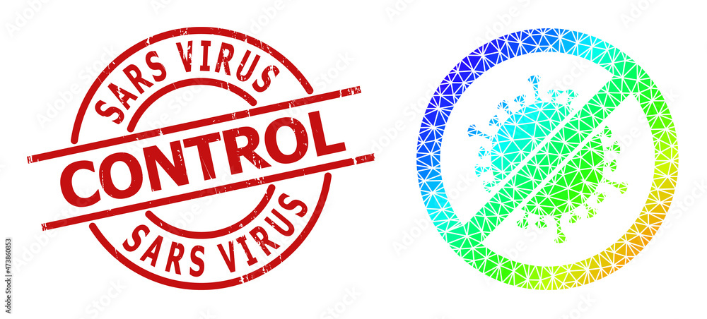 SARS VIRUS CONTROL rubber watermark and lowpoly spectral colored stop coronavirus icon with gradient. Red stamp seal contains Sars Virus Control caption inside round and lines form. SARS VIRUS CONTROL rubber watermark and lowpoly spectral colored stop coronavirus icon with gradient. Red stamp seal contains Sars Virus Control caption inside round and lines form.