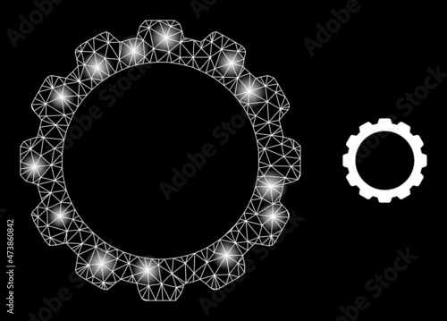 Glowing network gearwheel web icon with bright spots. Illuminated model done using gearwheel vector icon. Glowing carcass web polygonal gearwheel, on a black background.