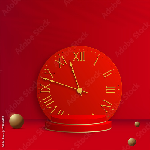 Happy New Year card with red podium. Vector illustration.