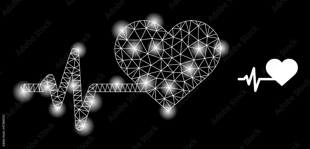 Bright net heart pulse web icon with bright light spots. Illuminated model is created from heart pulse vector icon. Bright carcass web polygonal heart pulse, on a black background. Bright net heart pulse web icon with bright light spots. Illuminated model is created from heart pulse vector icon. Bright carcass web polygonal heart pulse, on a black background.