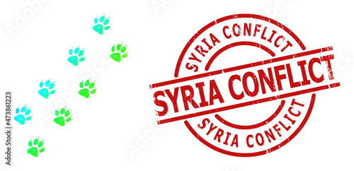 SYRIA CONFLICT unclean stamp print, and lowpoly spectrum colored tiger paw trace icon with gradient. Red stamp has Syria Conflict text inside round and lines shape.