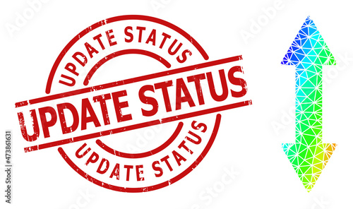 Update Status textured stamp imitation and low-poly spectrum colored vertical exchange arrow icon with gradient. Red stamp includes Update Status caption inside round and lines shape.