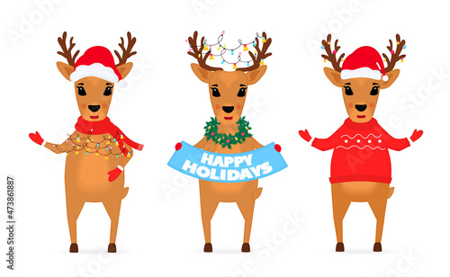 Christmas reindeer in a Santa Claus hat, in a scarf, with a garland, in a sweater