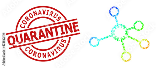 Coronavirus Quarantine corroded stamp seal and low-poly spectral colored virus nodes icon with gradient. Red seal includes CORONAVIRUS QUARANTINE caption inside round and lines shape.