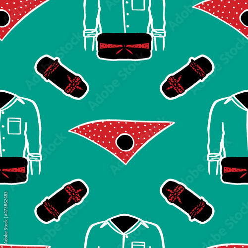 Estampat verd Castellers de Vilafranca, green shirt, faixa and red polka dot scarf - mocador, camisa, faixa. Human tower Catalan tradition seamless pattern. Vector illustration surface design
