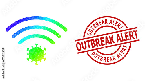 Outbreak Alert grunge stamp, and low-poly spectral colored virus source icon with gradient. Red stamp seal contains Outbreak Alert tag inside round and lines template.