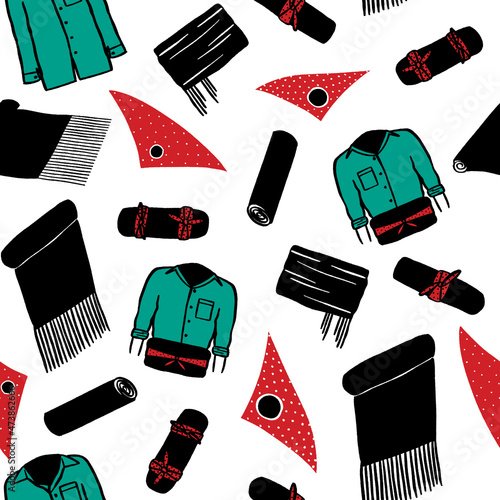 Castellers de Vilafranca, green shirt, faixa and red polka dot scarf - mocador, camisa, faixa. Human tower Catalan tradition seamless pattern. Vector illustration surface design