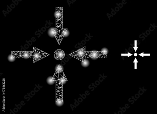 Glare mesh meeting point web icon with glossy light spots. Illuminated constellation is done from meeting point vector icon. Illuminated frame web polygonal meeting point, on a black background.