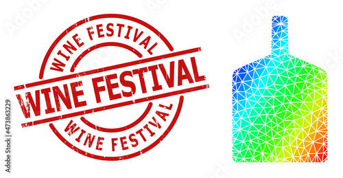 WINE FESTIVAL grunge stamp seal and low-poly spectral colored wide bottle icon with gradient. Red stamp seal has Wine Festival tag inside round and lines shape.