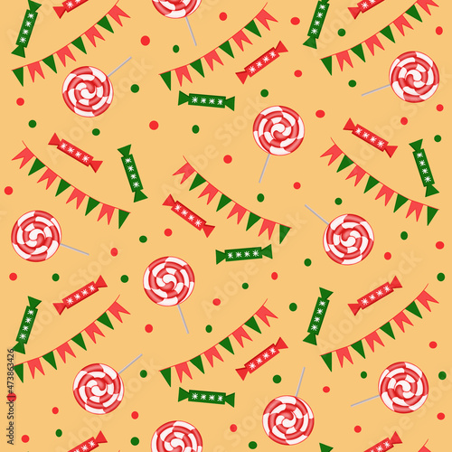 pattern of candies and flags red and green and lollipops on a yellow background