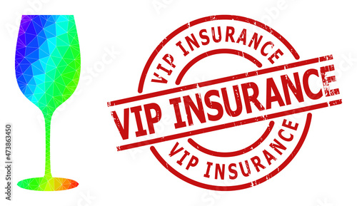 Vip Insurance scratched badge, and lowpoly rainbow colored wine glass icon with gradient. Red seal includes Vip Insurance tag inside circle and lines template.