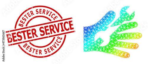 BESTER SERVICE scratched stamp and low-poly spectral colored wrench service hand icon with gradient. Red stamp includes BESTER SERVICE tag inside circle and lines shape.