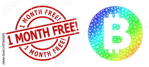 1 Month Free! corroded stamp print, and low-poly spectral colored bitcoin icon with gradient. Red stamp has 1 Month Free! title inside circle and lines template.