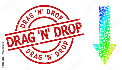 Drag 'N' Drop textured stamp seal, and lowpoly spectrum colored down arrow icon with gradient. Red stamp contains Drag 'N' Drop tag inside round and lines template.