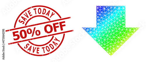 Save Today 50% Off unclean stamp and low-poly spectrum colored download arrow icon with gradient. Red stamp contains SAVE TODAY 50% OFF tag inside round and lines shape.