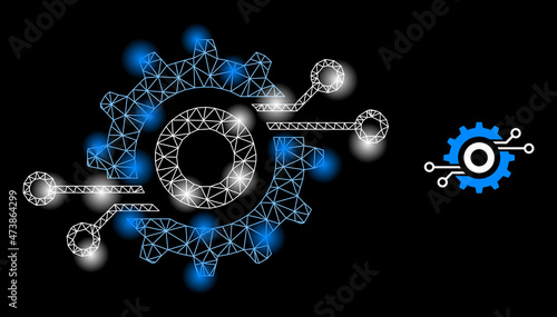 Bright net nanobot circuit wheel web icon with glowing spots. Illuminated model done from nanobot circuit wheel vector icon. Bright carcass web polygonal nanobot circuit wheel, on a black background.