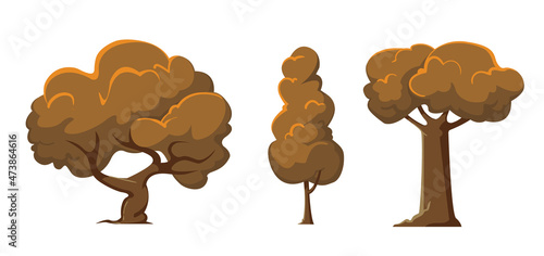 Yellow autumn trees. Colorful garden tree, autumnal garden bush and fall season tree leaves. Forest gold and green branches, autumn yellow and orange park trees. Isolated vector icons set. Vector.