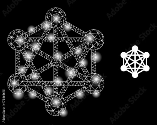 Constellation network web icon with glossy spots. Illuminated constellation created from network vector icon. Constellation carcass web polygonal network, on a black background.