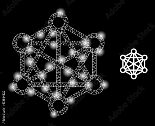 Glowing network relations web icon with bright light spots. Illuminated constellation done from network relations vector icon. Glowing carcass web polygonal network relations,