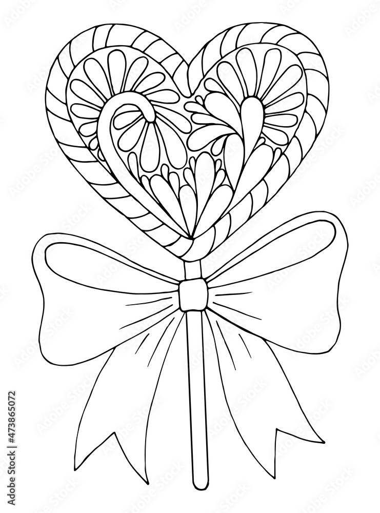 Fototapeta premium Coloring page love. Cute sweet lollipop heart, gift with ribbon bow. Valentine design. Hand drawn vector line art illustration. Coloring book for children and adults. Romantic black and white sketch.