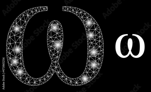 Glare net Omega Greek lowercase letter web icon with illuminated light spots. Illuminated constellation is done using Omega Greek lowercase letter vector icon.