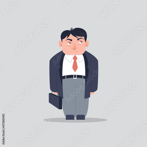 Grumpy, disgruntled businessman or office worker holding a suitcase isolated vector. Vector illustration of a flat design.