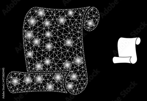 Constellation mesh paper roll web icon with bright light spots. Illuminated constellation is created using paper roll vector icon. Constellation carcass web polygonal paper roll,