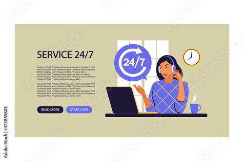 Service 24 7 concept. Call center support. Landing page form for web. Vector illustration. Flat.