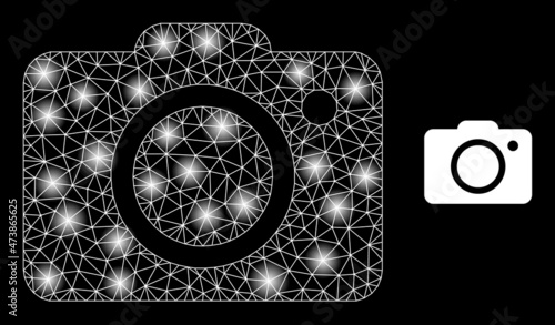 Constellation mesh photo camera web icon with illuminated light spots. Illuminated constellation is generated from photo camera vector icon. Sparkle frame web polygonal photo camera,