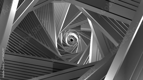 3D swirling tunnel with silver lines. Motion. Terrifyingly twisting tunnel of shiny sharp corners. Shiny silver tunnel twists like meat grinder photo