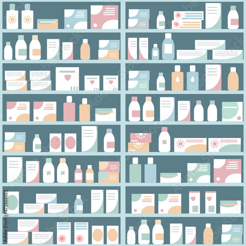 Shelves with medicines. Seamless pattern, background, texture.