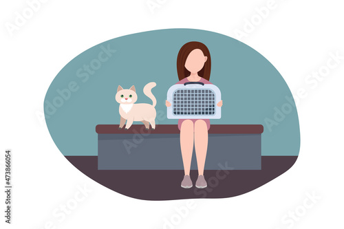 girl with a cat is waiting for an appointment with a veterinarian, vector