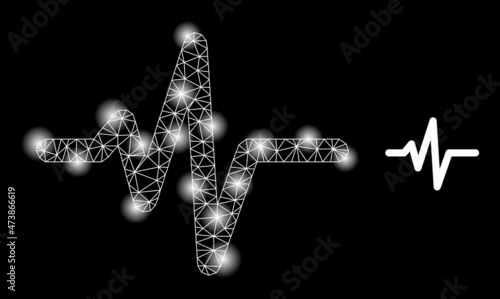 Glare network pulse web icon with flare light spots. Illuminated constellation done from pulse vector icon. Constellation carcass web polygonal pulse, on a black background.