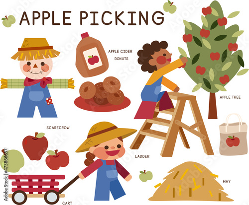 A vector set of apple picking icons: apple tree, apples, hay, ladder, cart, apple cider, apple cider donuts, bag, scarecrow, and boy and girl in overalls.